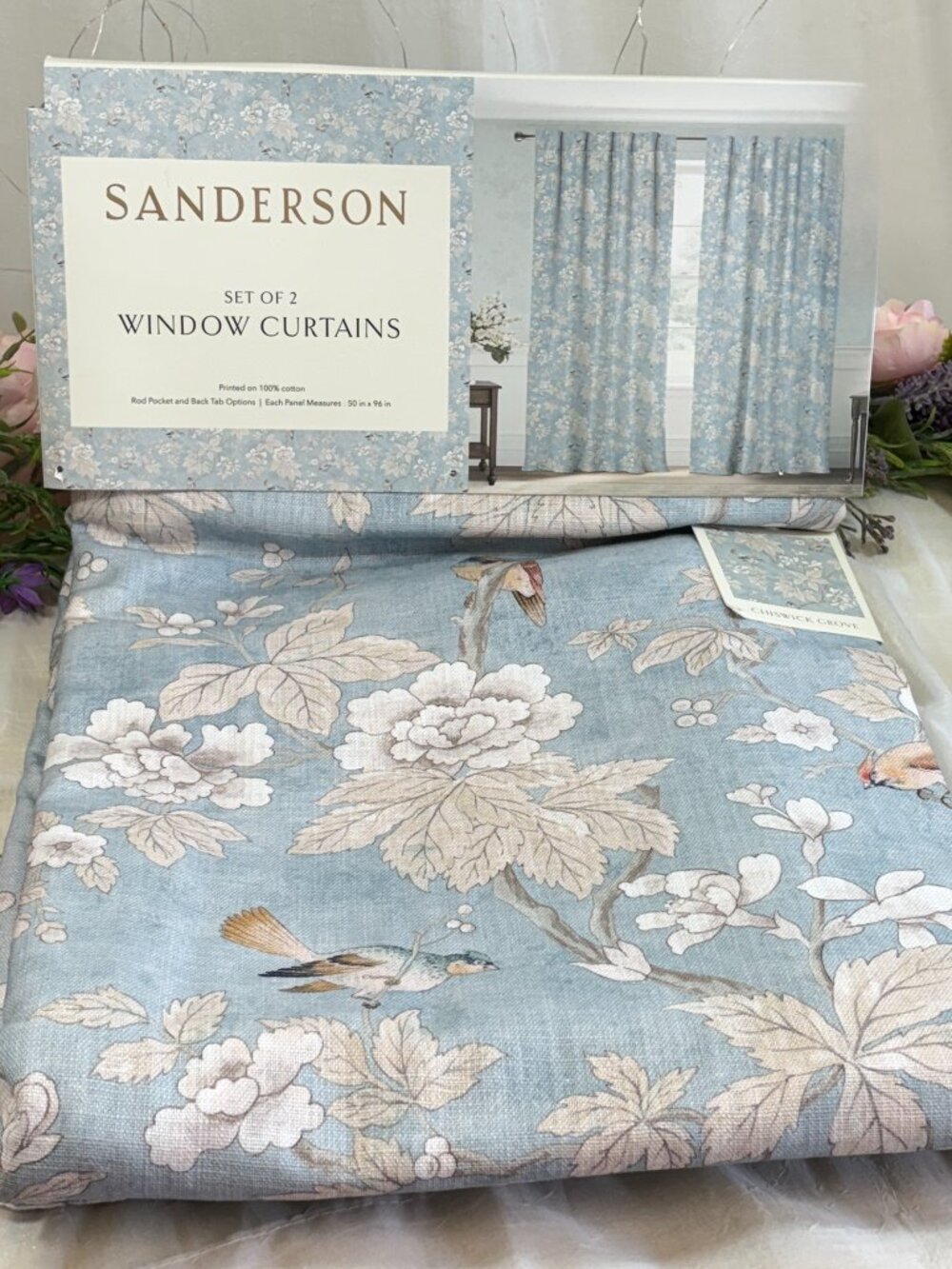 SANDERSON Chiswick Grove Floral Bird Cotton Drapes 50" x 96" Set of 4 Blue New